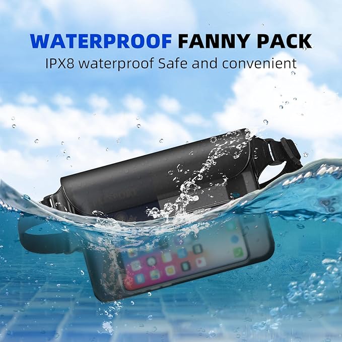 Waterproof Fanny Pack 2 Pack 8.9" Waterproof Pouch for Phone Passport Wallet Purse with Adjustable Waist Strap Kayak Accessories for Travel Beach Cruise Travel Essentials Accessories