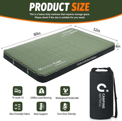 Self Inflating Double Sleeping Pad, 4in Ultra-Thick Foam Camping Mattress 2 Person with Air Pump Sack,Camping Floor Bed for Adults Inflatable Sleeping Mat Camping Essentials for Travel, Army Green