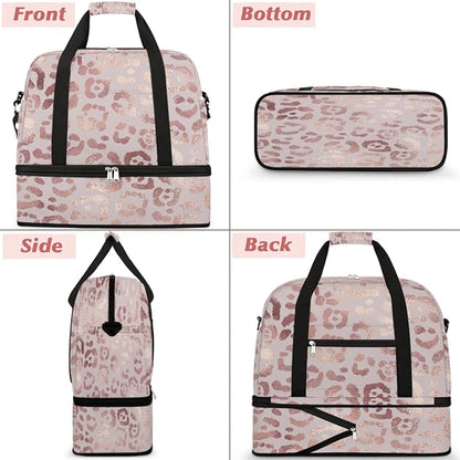 Leopard Print Foldable Travel Duffel Bag, Expandable Sports Gym Bag with Shoes Compartment Weekender Overnight Totes Bags for Women Men