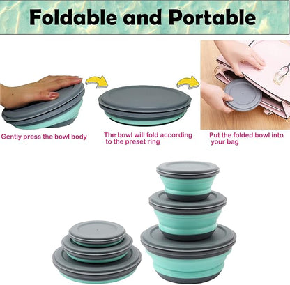 RMAMSCOV Camping Bowl, 3 PCS Food Grade Silicone Collapsible Bowl Lunch Box Salad Bowl with Lid, Expandable Food Storage Containers Set with Free folding tableware and storage bag (Blue)