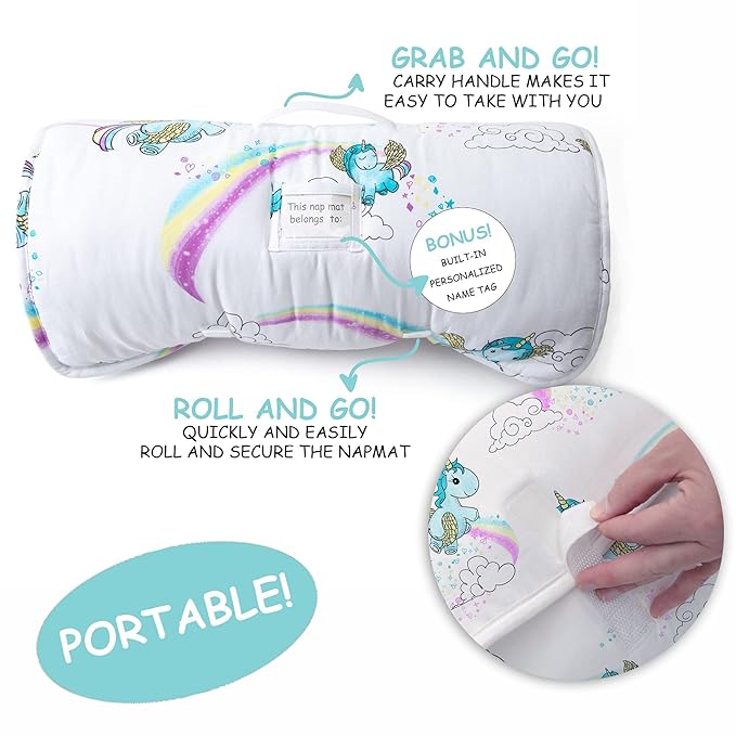 JumpOff Jo - Toddler Nap Mat - Sleeping Bag for Kids with Removable Pillow and Ultra Soft Blanket for Preschool, Daycare, and Sleepovers - Unicorn Pixie Dust