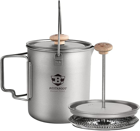 Bestargot Camping Titanium Pot, French Press Coffee Maker, Camp Cooking Pot with Light Wood knob, 750ml Camping Cup for Camping Hiking Backpacking, Capacity 25 Fl Oz