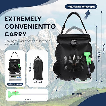 Solar Shower Bag, Portable Solar Shower for Camping, 5 Gallons/20L Camping Shower Bag with Removable Hose and On-Off Switchable Shower Head, Portable Shower for Camping, Hiking, Beach Swimming
