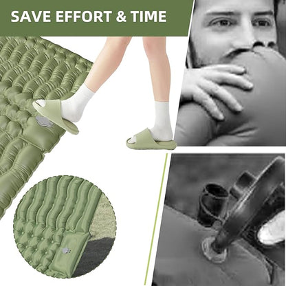 Double Sleeping Pad for Camping, Self-Inflating Sleeping Mat with Built-in Foot Pump, Air Mattress with Pillows, Foldable Camping Sleeping Pad for Hiking, Backpacking, Traveling (Green)