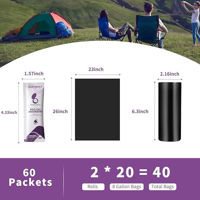 Camping Toilet Poo Powder 60 Pack + 40 Portable Camping Toilet Bags, Thickened Biodegradable 8 Gallon Compostable Toilet Waste Bags, Poo Gel for Camping Portable Toilet Gel