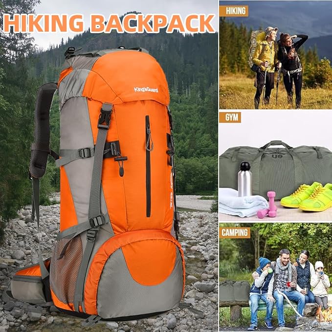 King'sGuard 70L Hiking Backpack Waterproof Camping Backpack with Rain Cover Large Lightweight Backpacking Backpack Daypack for Travel Outdoor -Frameless (Orange)