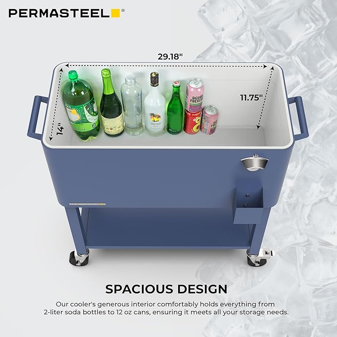 Permasteel 80-Qt Outdoor Patio Cooler with Removable Basin, Outside Beverage Cooler Cart, Rolling Cooler with Wheels and Handles, Azure Blue