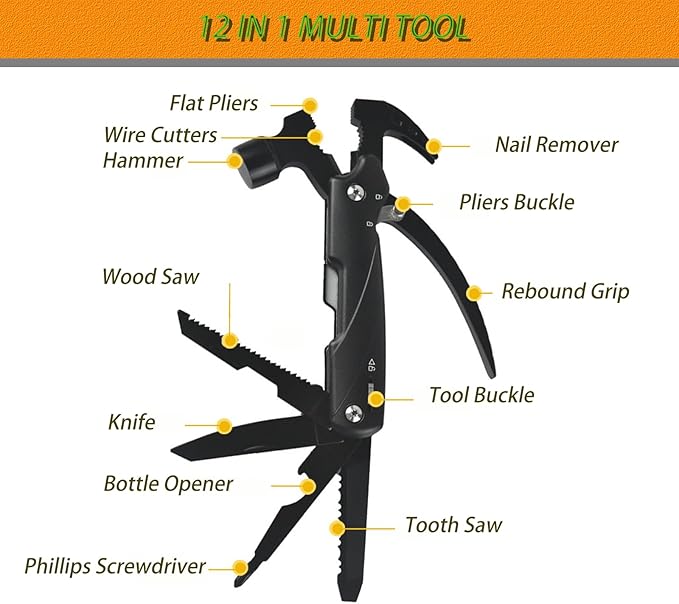Gifts for Men 12 in 1 Hammer Multitool Pliers Bottle Opener Screwdrivers,Camping Accessories Survival Multi Tools for Hiking Outdoor for Adults Him Boyfriend Husband Grandpa Women Birthday