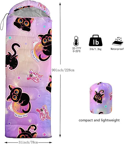 AILONEN Cartoon Fox Camping Sleeping Bag for Boys Girls Adults,Lightweight & Waterproof,3 Season Warm & Cold Weather,Portable,Kawaii Fox Printed Sleeping Bag,Traveling,Camping,Hiking