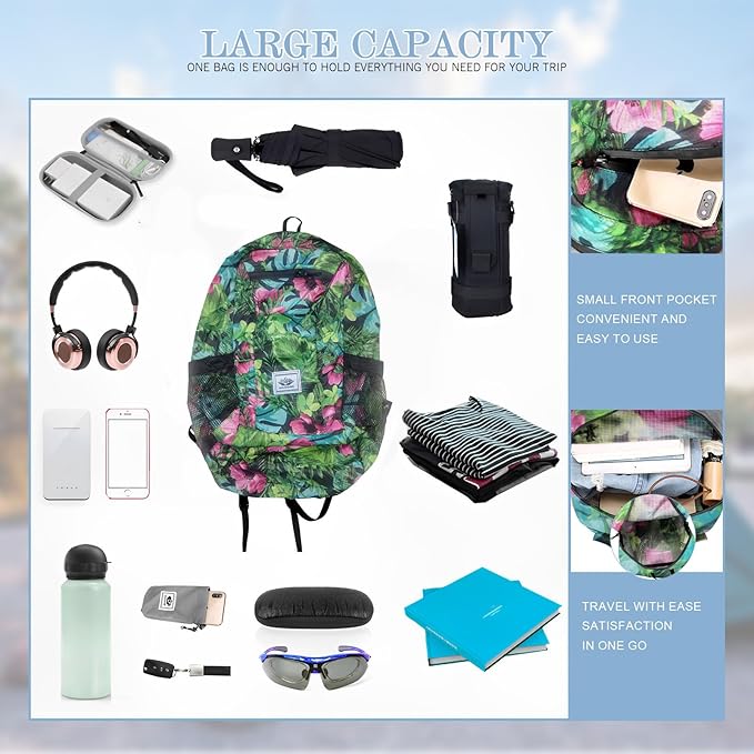 20L Waterproof Packable Hiking Backpack, Flower Ultra Lightweight Travel Camping Backpack for Women Men, Foldable Outdoor Day Pack Bag for Backpacking Sports (Color 1)