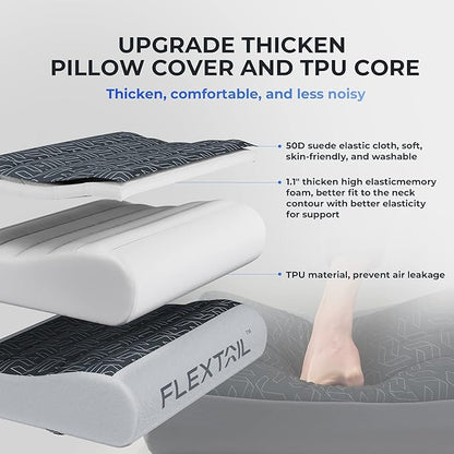 FLEXTAILGEAR Inflatable Camping Pillow Ergonomic Thicken Design, Portable Neck Cervical Travel Pillow Backpacking Gear with Washable Cover for Camping, Hiking, Airplane, Road Trip, Office