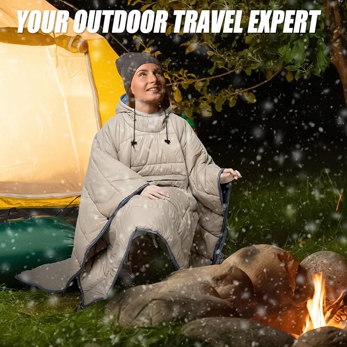 Sleeping Bag Wearable Hooded Blanket - Envelope Lightweight Thermal Cloak Cape Windproof with Premium Stuff Compression Sack for Backpacking Hiking Hunting Fishing Outdoor Sport