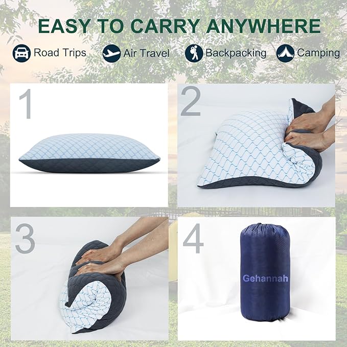 Gehannah Travel Pillow - Large Size Compressible Camping Pillow for Sleeping, Shredded Memory Foam Pillow with Storage Bag Compact Supportive, Pillow for Adults Kids Outdoor Backpacking Hiking Gear
