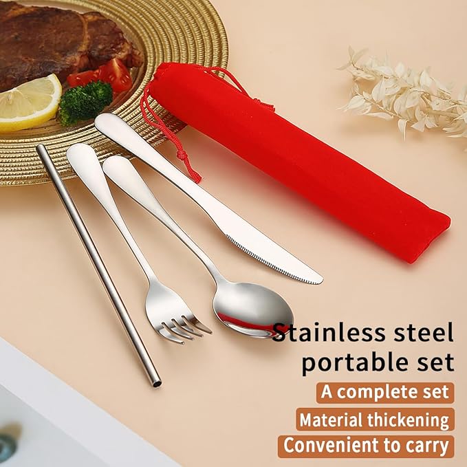 Kyraton Portable Flatware, Reusable Camping Flatware, Bento Box Flatware, Silverware For School/Work/Office/Outdoor, Dishwasher Safe, Set of 4 Pieces