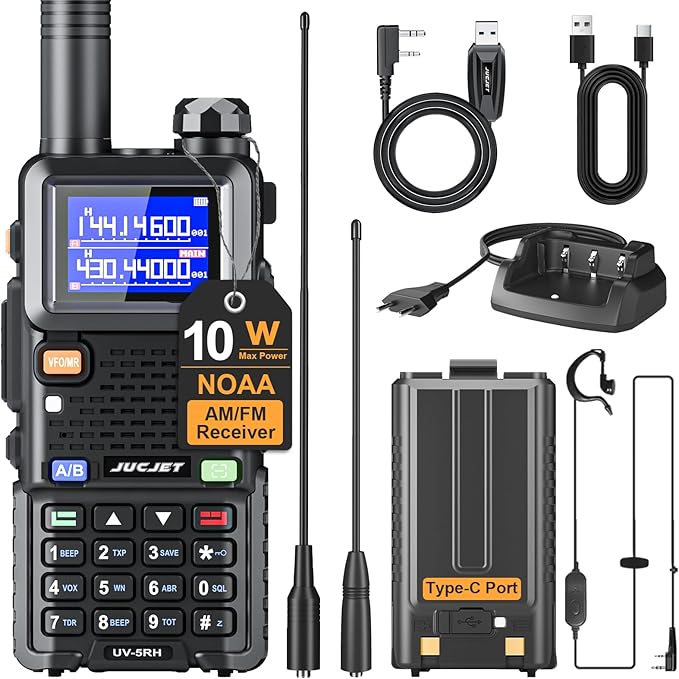 5RH Ham Long Rang Walkie Talkies 10W (Upgraded of UV-5R), 999CH One Key Frequency Match, 2500mAh Battery Rechargeable Walkie Talkies, with Programming Cable, Earpiece, Type-C Charging(1 Pack)