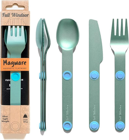 MAGWARE Magnetic Camping Utensils Set - Portable & Reusable Metal Travel Flatware with a Case for Camping, Picnic, Office & Kid's Lunchbox | Camping Cutlery Set | Knife, Fork & Spoon (3 PCS)