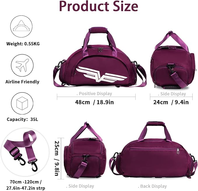 FIORETTO 30L Sports Gym Duffle Bag with Wet Pocket & Shoe Compartment, Weekender Hospital Overnight Bag for Women, Sports Holdall Backpack