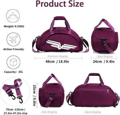 FIORETTO 30L Sports Gym Duffle Bag with Wet Pocket & Shoe Compartment, Weekender Hospital Overnight Bag for Women, Sports Holdall Backpack