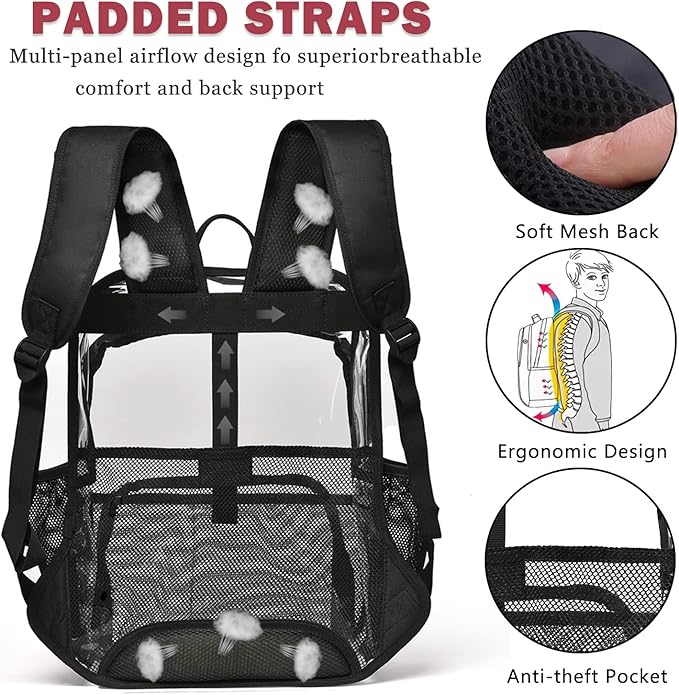 Clear Backpack,15'' Clear Backpacks for School Heavy Duty See Through Bookbag Multi-pocket PVC Backpack for Men Women