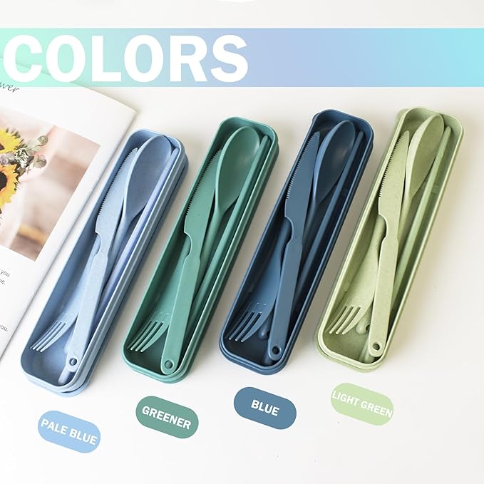 Large Reusable Utensils Set with Case, 4 Sets Travel Utensil with Chopsticks, Portable Plastic Cutlery Set Fork Spoons Knife Set for Adult Lunch Accessories, Camping Flatware