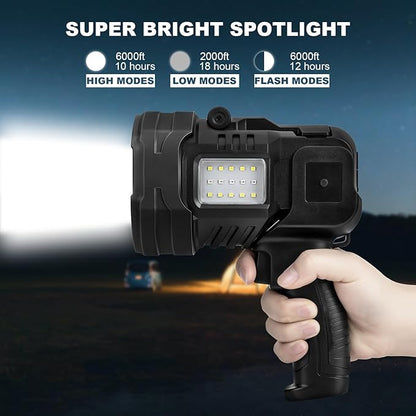 Rechargeable Spotlight Flashlight, 1,000,000 Lumens Super Bright Spotlight Outdoor with Cob Light & USB Output, Lightweight Handheld Led Spot Light for Hunting Boating Camping