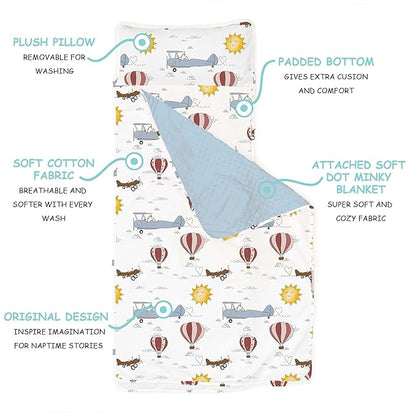 JumpOff Jo - Extra Long Toddler Nap Mat for Preschool, Daycare and Kindergarten - Sleeping Bag for Kids with Removable Pillow and Ultra Soft Blanket - Travel, Take Flight