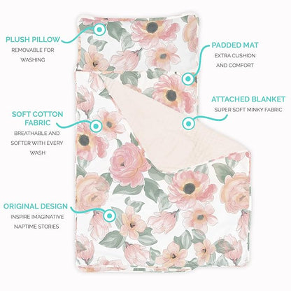 JumpOff Jo - Toddler Nap Mat - Sleeping Bag for Kids with Removable Pillow and Ultra Soft Blanket for Preschool, Daycare, and Sleepovers - Floral Watercolor