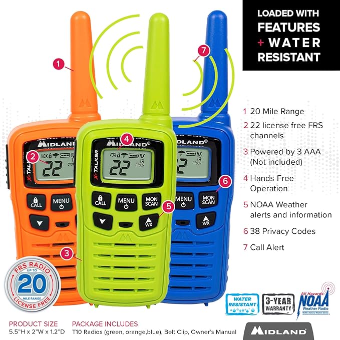 Midland – T10X3M X-Talker Two Way Radio – Water Resistant – NOAA Weather Alert Radios – 20 Mile Range - Multi Color Three Pack