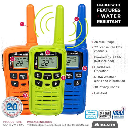 Midland – T10X3M X-Talker Two Way Radio – Water Resistant – NOAA Weather Alert Radios – 20 Mile Range - Multi Color Three Pack