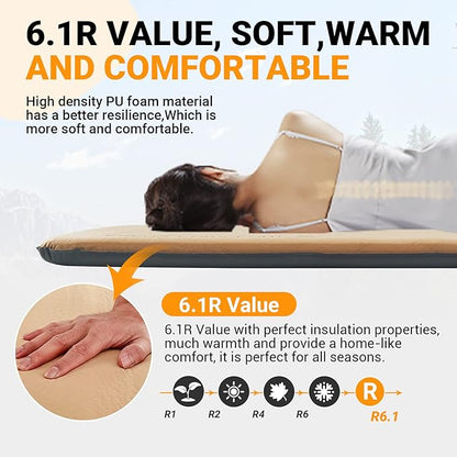 KingCamp Self Inflating Camping Sleeping Pad, 3 INCH Ultra Thick 6.1 R Warm Soft Single Foam Air Mattress for Travel Hiking Tentads for Tent Cot Traveling and Hiking, Multicolor