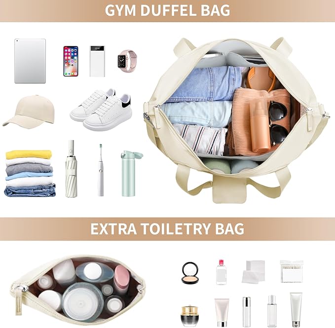 ETRONIK Gym Bag for Women, 47L Carry On Travel Duffel Bag with Shoes Compartment, Weekender Overnight Bag with Wet Pocket & USB Charging Port for Women, Travel, Gym, Weekend, Large Size (Beige)