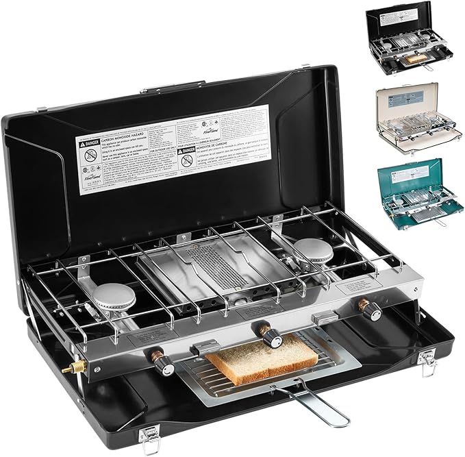 Camping Stove 3 Burner 20400 BTU Propane Portable Stove with Regulator, Toast Tray, Windshield for Car Camping BBQ Picnics Outdoor Cooking Camping Gas Stove