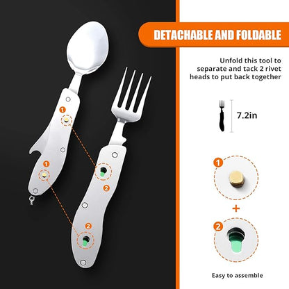 HIKENTURE Camping Utensils 2 Pack, 4-In-1 Stainless Steel Spoon Fork Knife Set Backpacking Travel Cutlery Metal Multitool Boy Scout(Green 2pack)