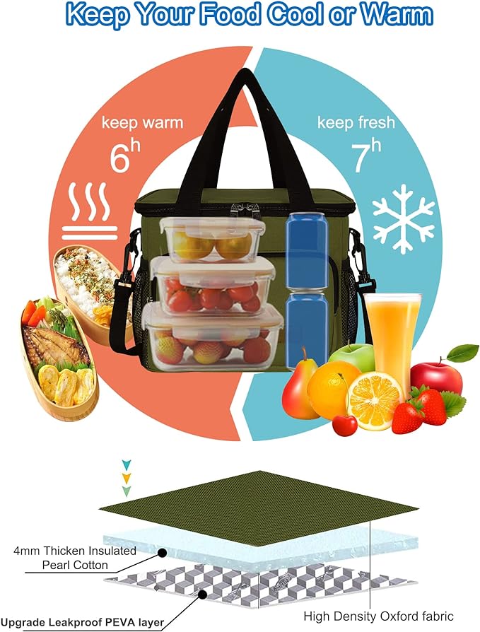 Femuar Lunch Bags for Women/Men, Insulated Lunch Bag for Work Office Picnic - Large Lunch Cooler Bag Leakproof Lunch Box with Adjustable Shoulder Strap for Adults - Army Green