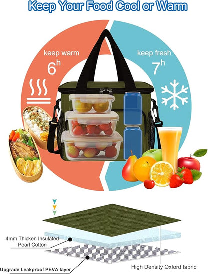 Femuar Lunch Bags for Women/Men, Insulated Lunch Bag for Work Office Picnic - Large Lunch Cooler Bag Leakproof Lunch Box with Adjustable Shoulder Strap for Adults - Army Green