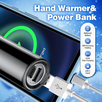 Hand Warmers Rechargeable, 1 Pack 8000mAh, Electric Portable Pocket Hand Warmer, 2 in 1 Hand Warmers and USB C Power Bank, Great Winter Warm Gifts for Ourdoor, Camping, Hunting, Girls