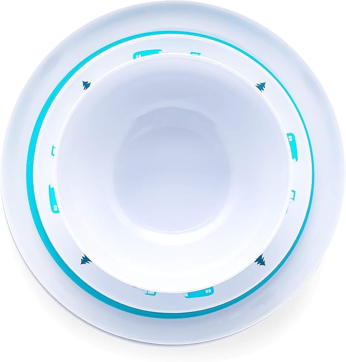 Camco Teal Life is Better at The Campsite 12 Piece Dishware Set-Blue Retro Trailer and Logo Design, Includes Plates and Bowls, Perfect for RVing and Camping, Melamine (53296)