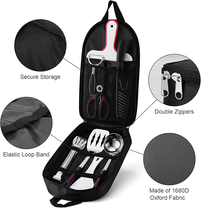 Odoland 8 Pcs Camping Cookware Utensils Travel Set, Camp Kitchen Utensil Organizer with Tongs, Scissors, Cutting Board, Rice Paddle and Water Resistant Case for Backpacking, Outdoor Camping