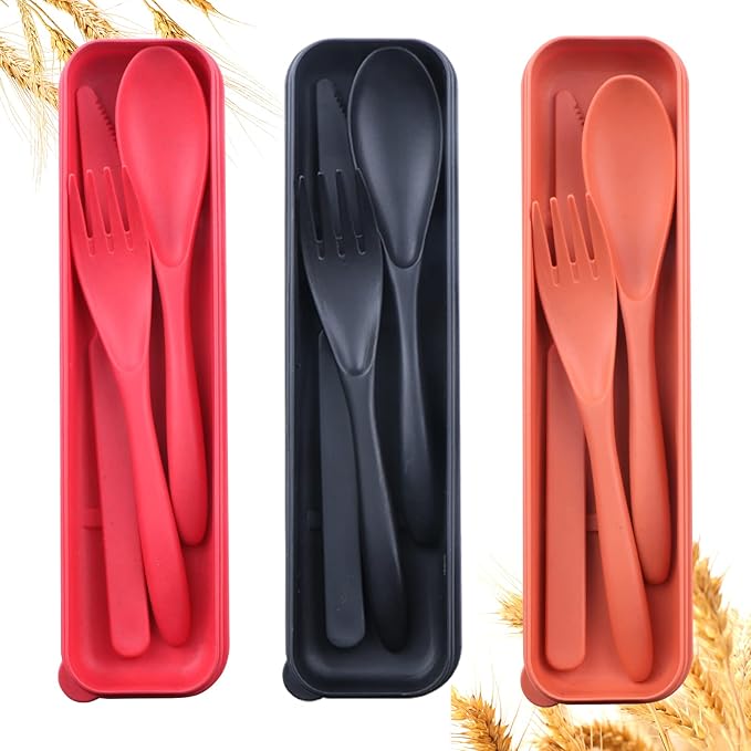 Reusable Travel Utensils Set with Case, 3 Sets Wheat Straw Portable Plastic Fork Spoons Knife Camping Cutlery, Eco-Friendly BPA Free Lunch Tableware Travel Picnic Utensils for Kids Adults Daily Use