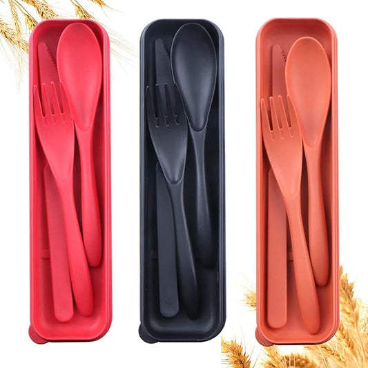 Reusable Travel Utensils Set with Case, 3 Sets Wheat Straw Portable Plastic Fork Spoons Knife Camping Cutlery, Eco-Friendly BPA Free Lunch Tableware Travel Picnic Utensils for Kids Adults Daily Use