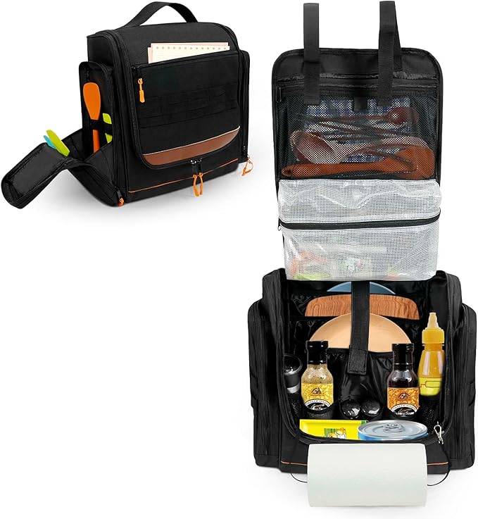 Large Tactical Hanging Camping Cookware Bag, Camping Kitchen Organizer with Paper Towel Holder and Multi Pockets, Camping Cooking Utensils Organizer for RV Tent Camper and Grilling, Bag Only (Black)