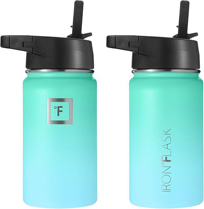 IRON °FLASK Camping & Hiking Hydration Flask, Wide Mouth, 3 Straw Lids, Stainless Steel Outdoor Water Bottle, Double Walled, Insulated Thermos, Metal Canteen - Sky, 14 Oz