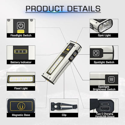 LED Rechargeable Work Light 1500 Lumens with Magnetic Base - Aluminum Shell Portable Flashlight for Mechanics Car Repair, Emergency - 4 Modes Flood Light+Spot Light - IPX4 Waterproof Long Battery Life