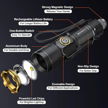 Rechargeable Flashlights High Lumens, Super Bright Small LED Flash Light, 26 Hours Long Lasting, 4 Lighting Modes, Magnetic Zoomable Pocket Flashlight for Emergencies Home Camping (2 Pack)