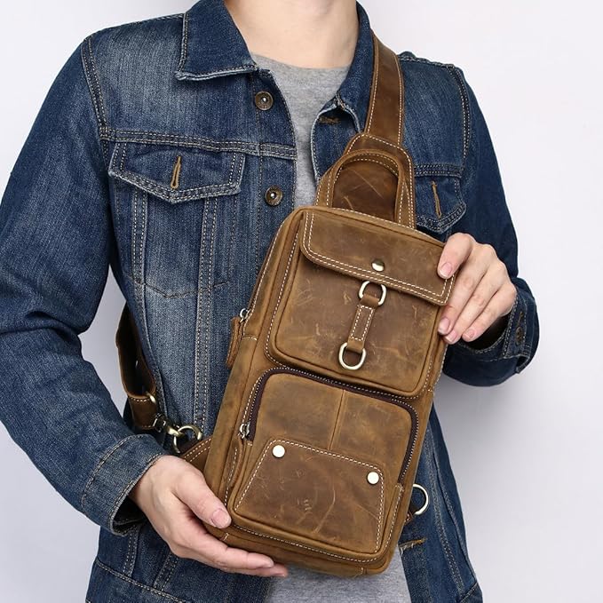 KPYWZER Sling Bag Men Women Vintage Full Grain Genuine Leather Shoulder Backpack Satchel Chest Casual Daypack Crossbody Outdoor Day Pack Backpacks Brown