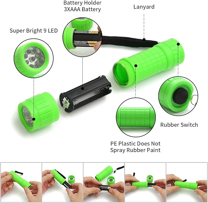 30-Pack Small Mini Flashlight Set, 5 Colors, 9-LED Handheld Flashlight with Lanyard,90-Pack AAA Battery Included for Kids/Night Reading/Party/Camping/Emergency/Hunting(30 Pack)