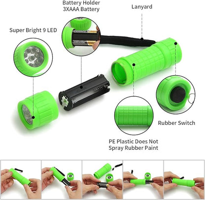 30-Pack Small Mini Flashlight Set, 5 Colors, 9-LED Handheld Flashlight with Lanyard,90-Pack AAA Battery Included for Kids/Night Reading/Party/Camping/Emergency/Hunting(30 Pack)
