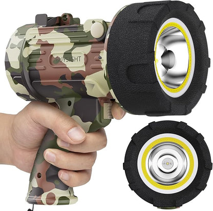 BUYSIGHT Rechargeable Spotlight Flashlight Floodlight,1000,000 lumens Hand held Spot lights IP67 Waterproof COB Camping lantern with red filter(Camouflage Gray-COB)
