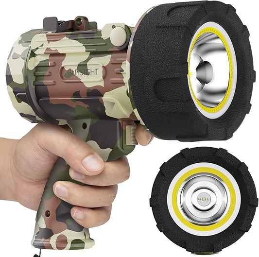 BUYSIGHT Rechargeable Spotlight Flashlight Floodlight,1000,000 lumens Hand held Spot lights IP67 Waterproof COB Camping lantern with red filter(Camouflage Gray-COB)
