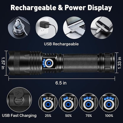 Rechargeable LED Flashlights High Lumens, 900000 Lumens Super Bright Flashlight with 5 Modes IPX6 Waterproof, Powerful Handheld Flashlight for Camping Emergencies Hiking